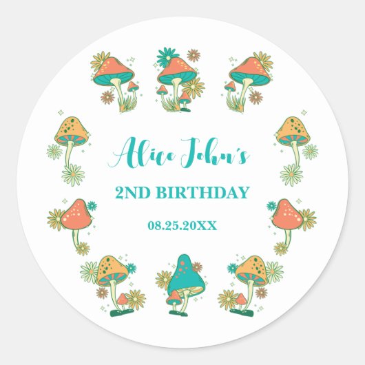 Whimsical Groovy Psychedelic Mushroom Verjaardag Ronde Sticker (Voorkant)