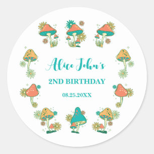 Whimsical Groovy Psychedelic Mushroom Verjaardag Ronde Sticker