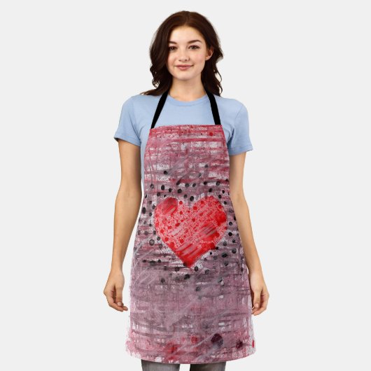 Whimsical Grunge Rode Hart Charcoal Stippen Schort (Gedragen)
