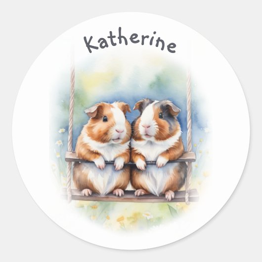 Whimsical Guinea Pigs on a Swing Personalized Ronde Sticker (Voorkant)