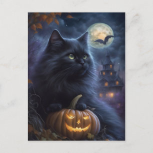 Whimsical Halloween Black Cat en Volle Maan Feestdagenkaart