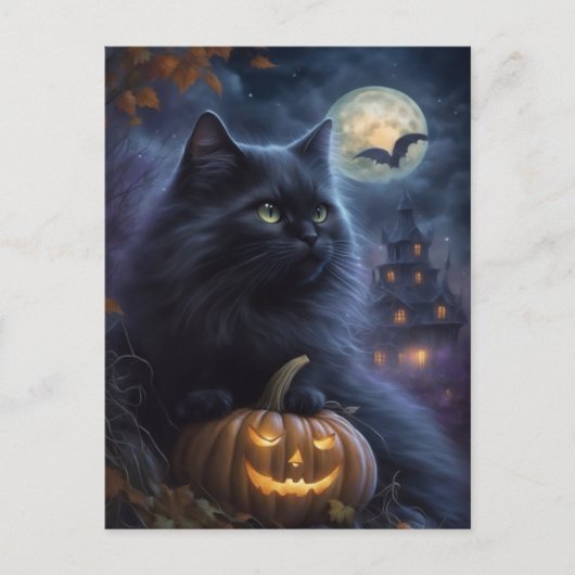 Whimsical Halloween Black Cat en Volle Maan Feestdagenkaart (Voorkant)