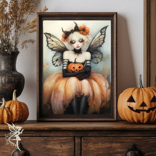 Whimsical Halloween Fairy met Pumpkin Fantasy Art Poster