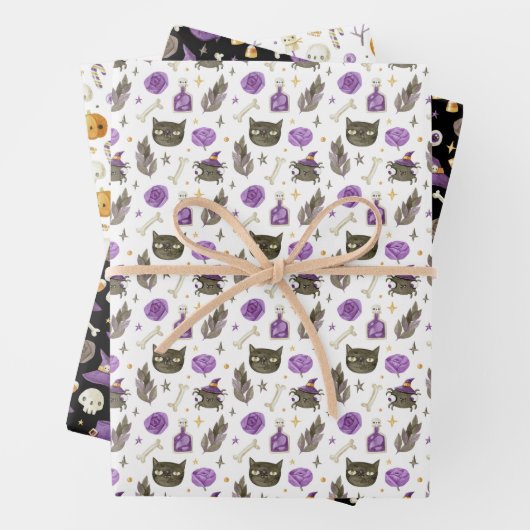 Whimsical Halloween Gift Wrapping Paper 3 Pack (In situ)