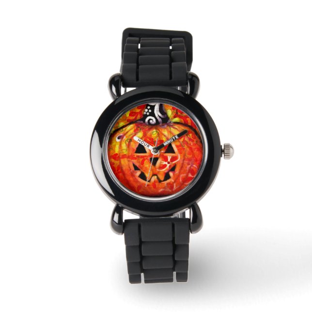 Whimsical Halloween Jack O Lantern Bloemen Sinaasa Horloge (Voorkant)