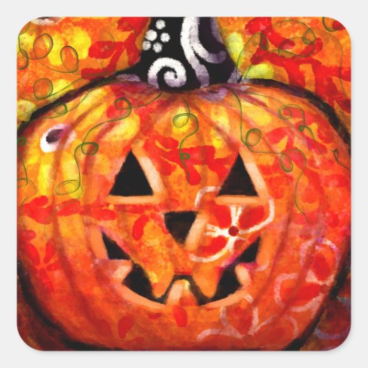 Whimsical Halloween Jack O Lantern Bloemen Sinaasa Vierkante Sticker (Voorkant)