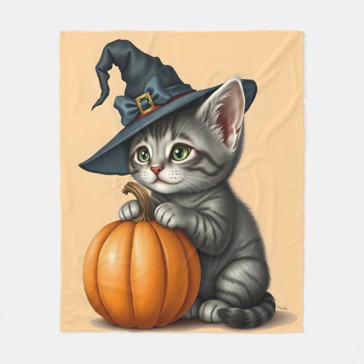 Whimsical Halloween Kitten, Adorable Kitten Witch, Fleece Deken (Voorkant)
