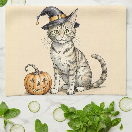 Whimsical Halloween Kitten Kitchen Towel, Fall Cat Theedoek (Gevouwen)