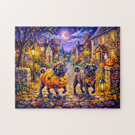 Whimsical Halloween Kostuum Mops Hond Illustratie Legpuzzel (Horizontaal)
