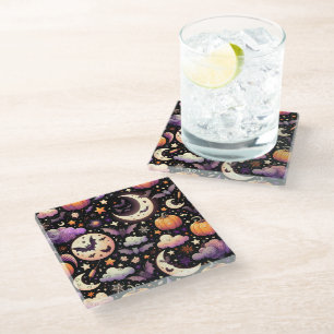 Whimsical Halloween Night Sky Pattern Glazen Onderzetter