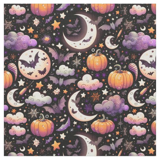 Whimsical Halloween Night Sky Pattern Stof (Close Up)