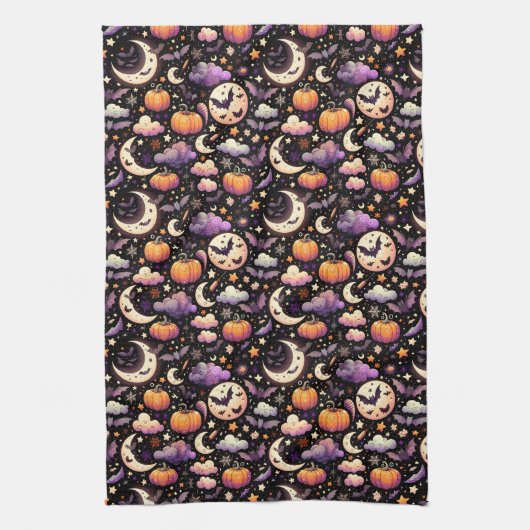 Whimsical Halloween Night Sky Pattern Theedoek (Verticaal)