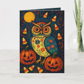 Whimsical Halloween Owl Folk Art Candy Corn Night Kaart (Voorkant)