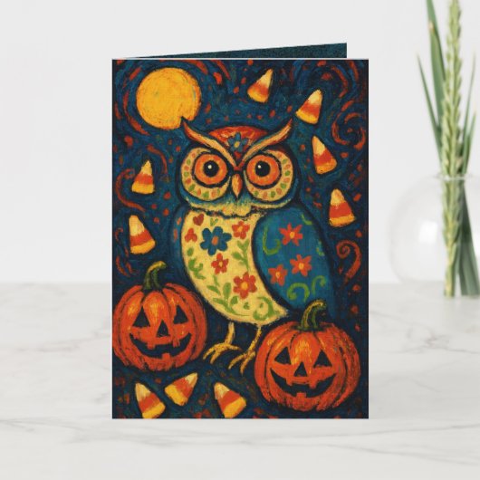Whimsical Halloween Owl Folk Art Candy Corn Night Kaart (Voorkant)