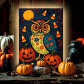 Whimsical Halloween Owl Folk Art Candy Corn Night Kaart