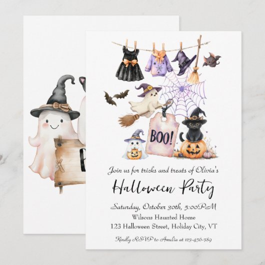 Whimsical Halloween Party Invitation Schattige Cat Kaart (Voorkant / Achterkant)