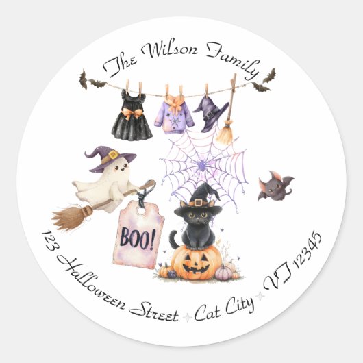 Whimsical Halloween Party Witch en Spooky Ronde Sticker (Voorkant)