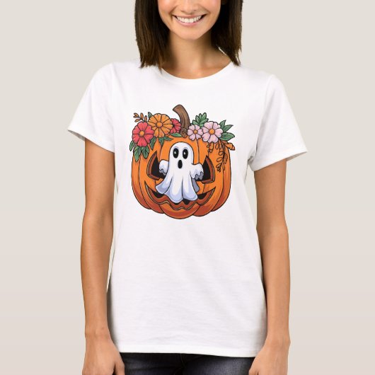 Whimsical Halloween Pumpkin Speelse Ghost T-shirt (Voorkant)