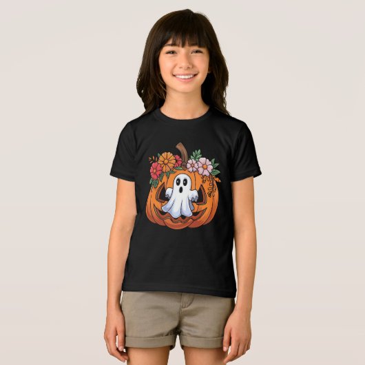 Whimsical Halloween Pumpkin Speelse Ghost T-shirt (Voorkant volledig)