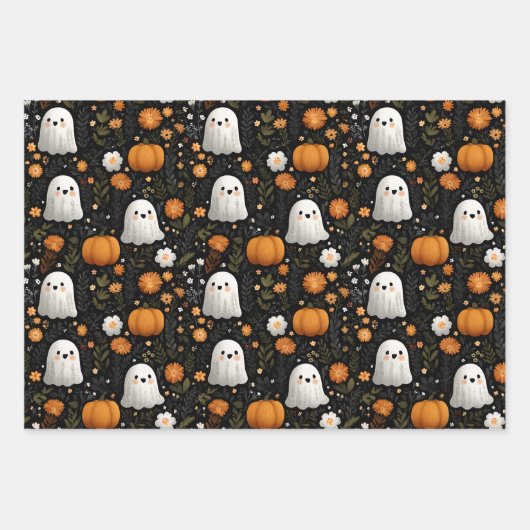 Whimsical Halloween Schattigee Ghosts & Pumpkins O Inpakpapier Vel (Voorkant)