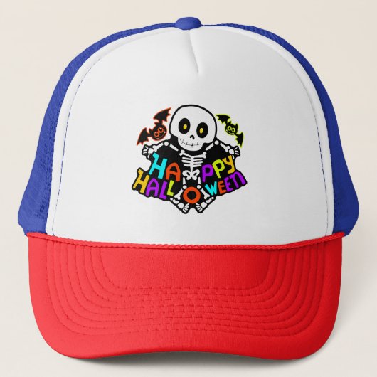 Whimsical Halloween-skelet en vleermuizenontwerp Trucker Pet (Voorkant)