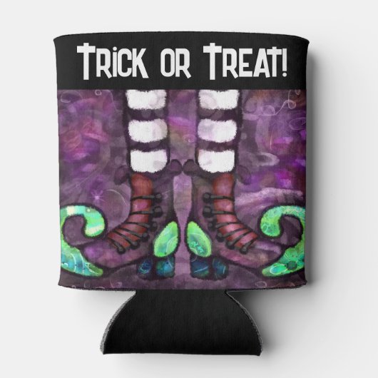 Whimsical Halloween Witch Boots Paarse Groen Blikjeskoeler (Achterkant)