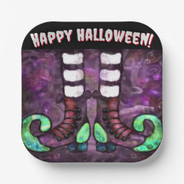 Whimsical Halloween Witch Boots Paarse Groen Papieren Bordje