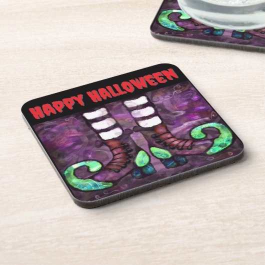 Whimsical Halloween Witch Boots Paarse Groen Rood Bier Onderzetter (Linkerzijde)