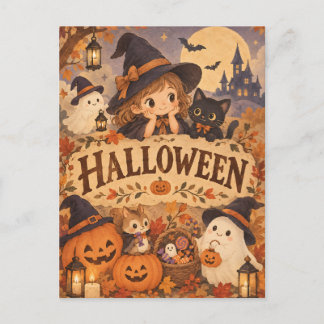 Whimsical Halloween Witch & Friends Post Card Briefkaart