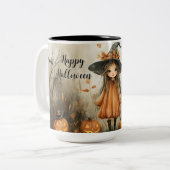 Whimsical Halloween Witch & Pumpkin gepersonalisee Tweekleurige Koffiemok (Voorkant links)