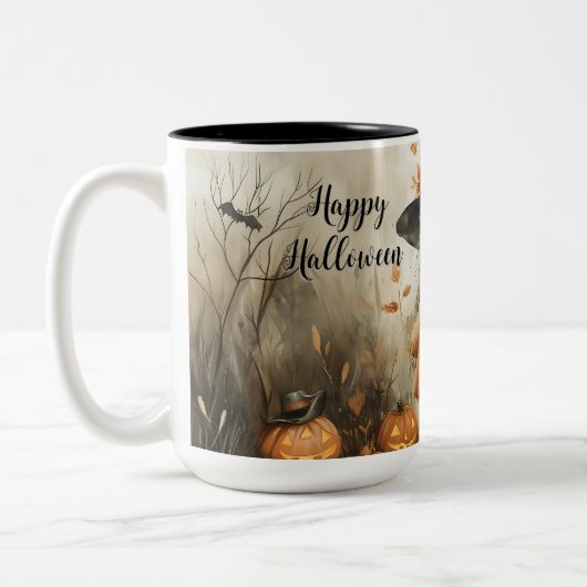 Whimsical Halloween Witch & Pumpkin gepersonalisee Tweekleurige Koffiemok (Links)