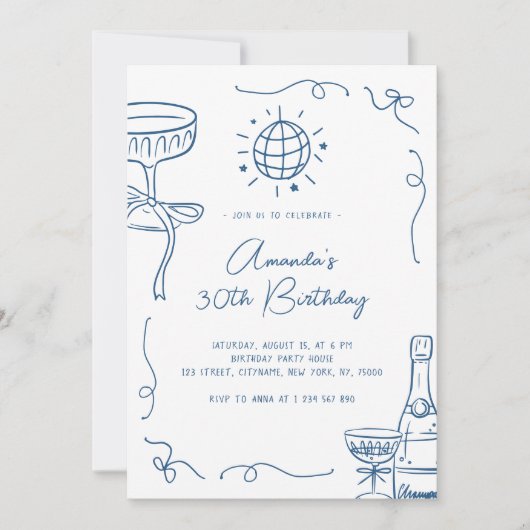 Whimsical Hand Drawn 30th Birthday Party Kaart (Voorkant)