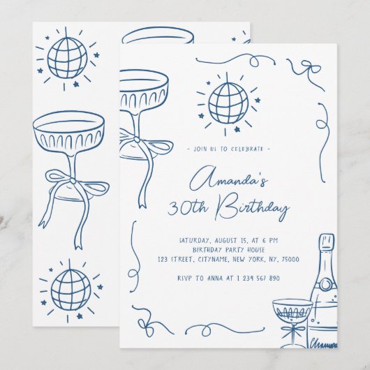Whimsical Hand Drawn 30th Birthday Party Kaart (Voorkant / Achterkant)
