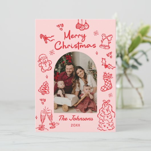 Whimsical Hand Drawn Arch Photo Christmas Feestdagenkaart (Staand voorkant)
