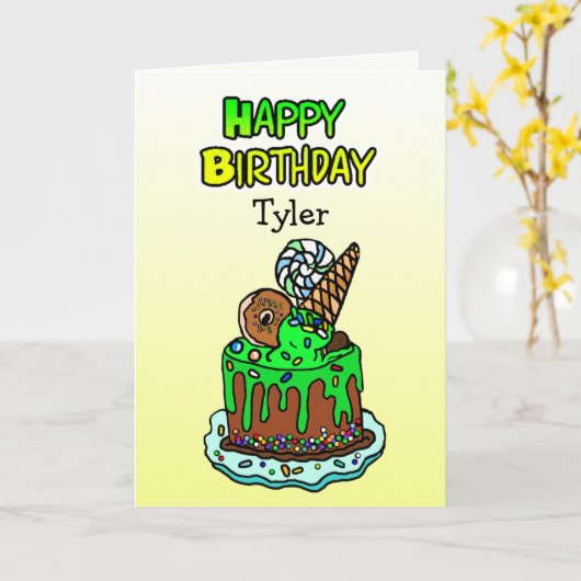 Whimsical Hand Drawn Birthday Cake Personalized Kaart (Gele Bloem)