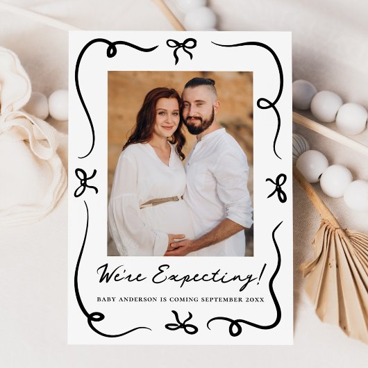 Whimsical Hand-Drawn Black Bows 2 Foto Zwangerscha Aankondiging