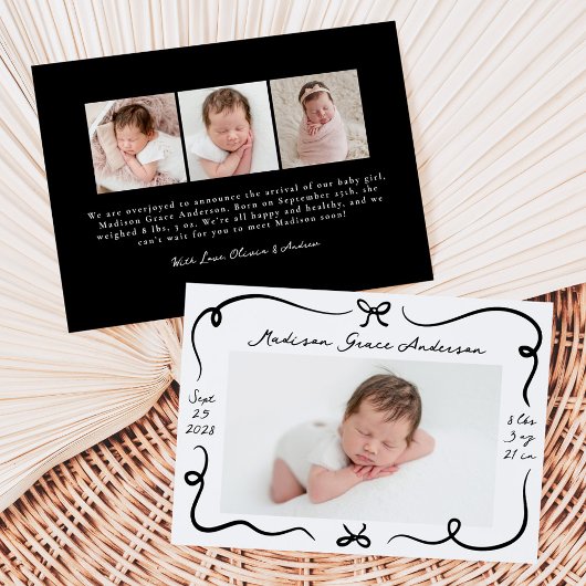 Whimsical Hand-Drawn Black Bows 4 Foto Geboorte Aankondiging