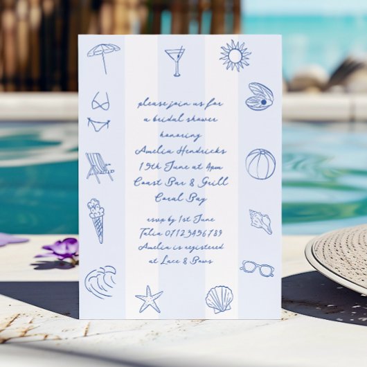 Whimsical Hand Drawn Blue Beach Vrijgezellenfeest Kaart