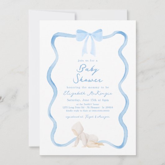 Whimsical Hand Drawn Blue Bow Boy Baby Shower Kaart (Voorkant)