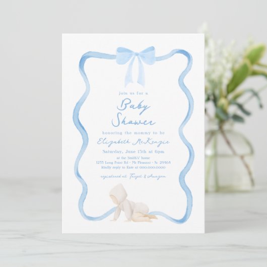 Whimsical Hand Drawn Blue Bow Boy Baby Shower Kaart (Staand voorkant)