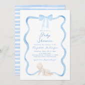 Whimsical Hand Drawn Blue Bow Boy Baby Shower Kaart (Voorkant / Achterkant)