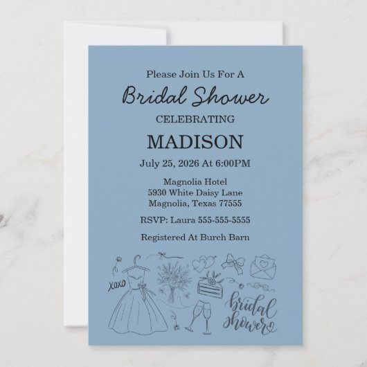 Whimsical Hand Drawn Blue Bridal Shower Kaart (Voorkant)