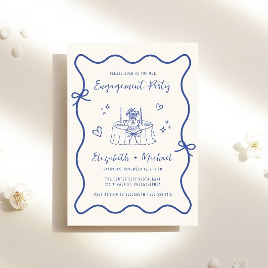Whimsical Hand Drawn Blue Cream Engagement Party Kaart