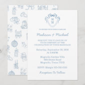 Whimsical Hand Drawn Blue Illustrated Wedding Kaart (Voorkant / Achterkant)