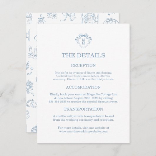 Whimsical Hand Drawn Blue Wedding Detail Cards RSVP Kaartje (Voorkant / Achterkant)