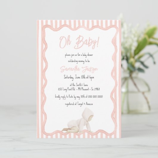 Whimsical Hand Drawn Blush Pink Girl Baby Shower Kaart (Staand voorkant)
