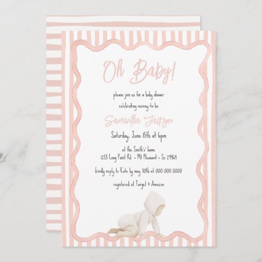 Whimsical Hand Drawn Blush Pink Girl Baby Shower Kaart (Voorkant / Achterkant)