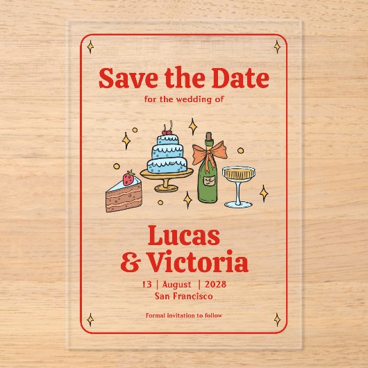 Whimsical Hand Drawn Bold Red Save the Date Acryl Uitnodigingen (Voorkant)