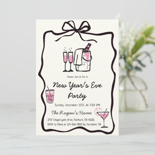 Whimsical Hand Drawn Bow Frame New Year Eve Party Kaart (Staand voorkant)