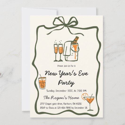 Whimsical Hand Drawn Bow Frame New Year Eve Party Kaart (Voorkant)